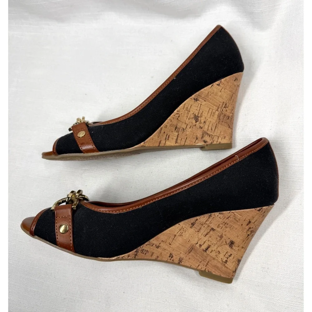 Tommy Hilfiger Canvas Horsebit Cork Wedge Peep Toe Heels Black Brown Sz 6.5 NWOB